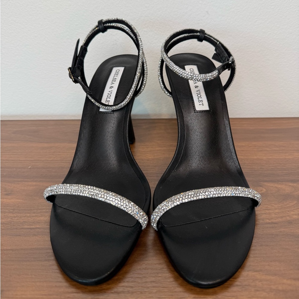 Chelsea & Violet Rhinestone Embellished Black Stiletto Sandals Size 7